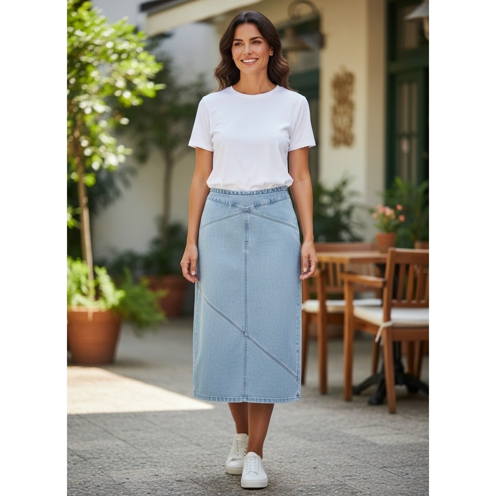 Free People‎ Light Wash Denim Midi Skirt